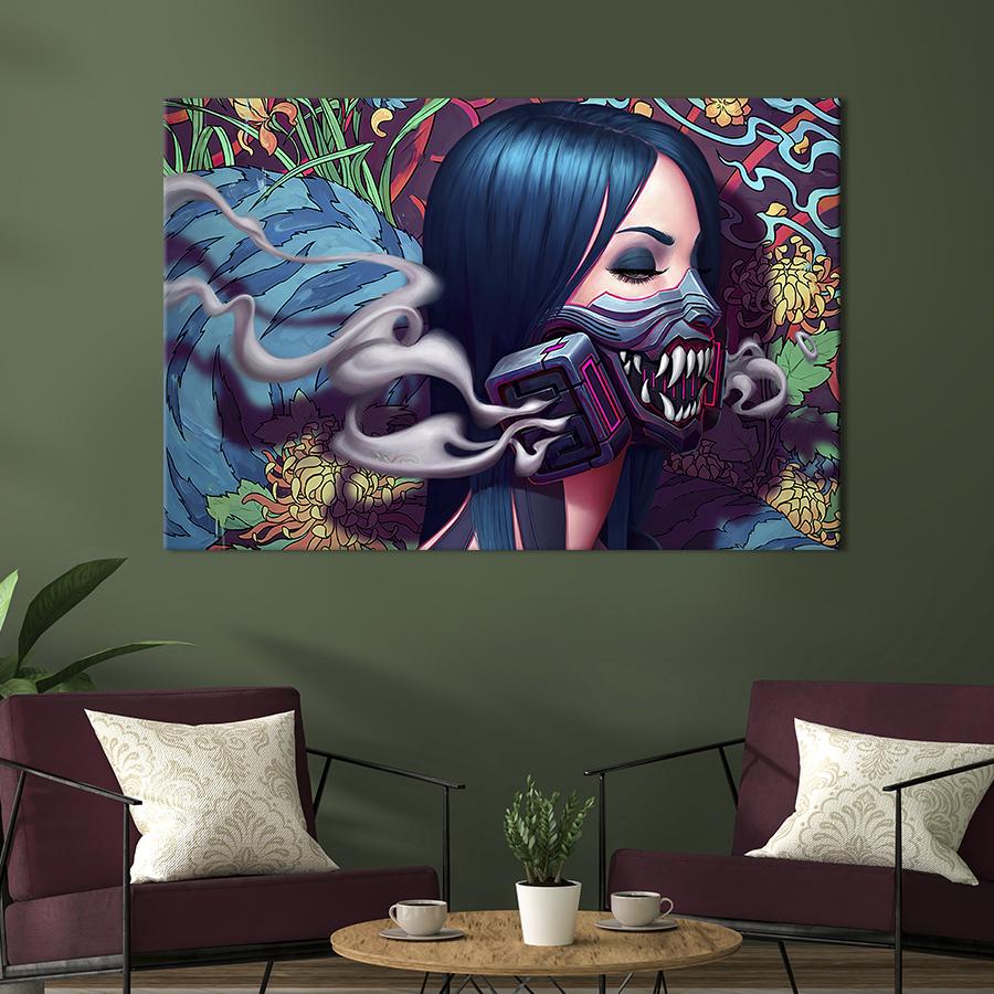Настенный декор картина на холсте для интерьера Cyberpunk girl gas mask 51x34 см (694-1)