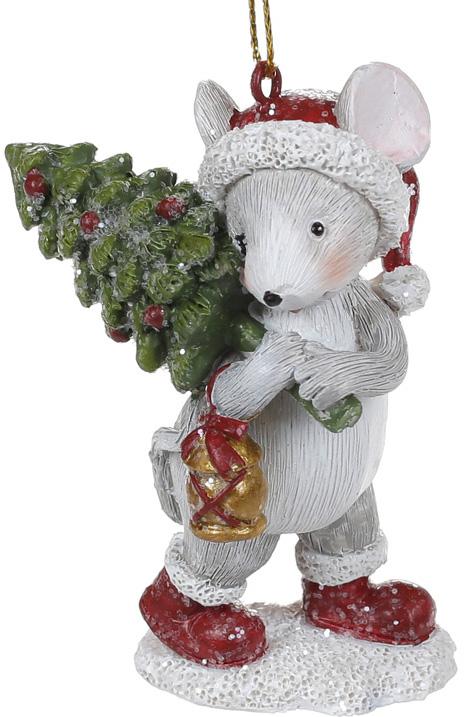 Статуэтки подвесные Мышонок с елкой полистоун 8,5 см Серый/Красный (BD-707-075)