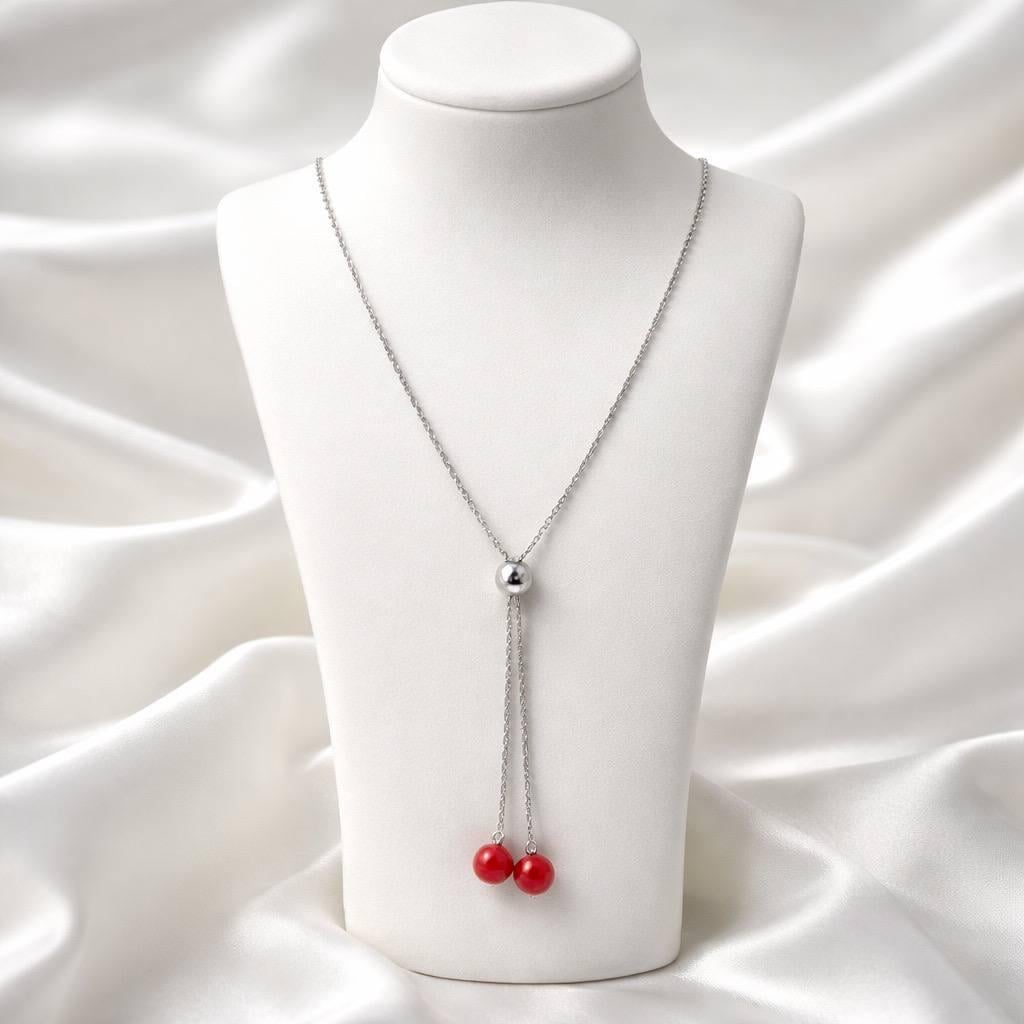 Колье серебрянное с кораллом в виде подвесных шариков с регулируемой длиной