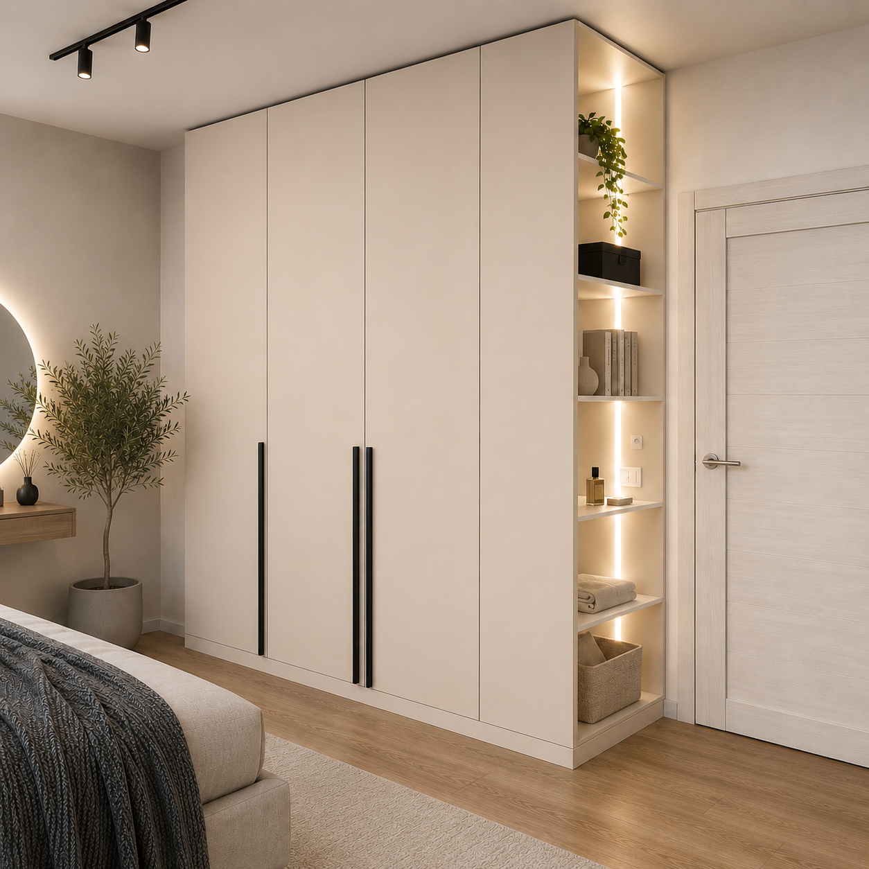 Шкаф Афина трёхдверный со стеллажом и LED-подсветкой Mebellini, ЛДСП 1750×2300×500 мм Кашемир (SKEP1000-297)