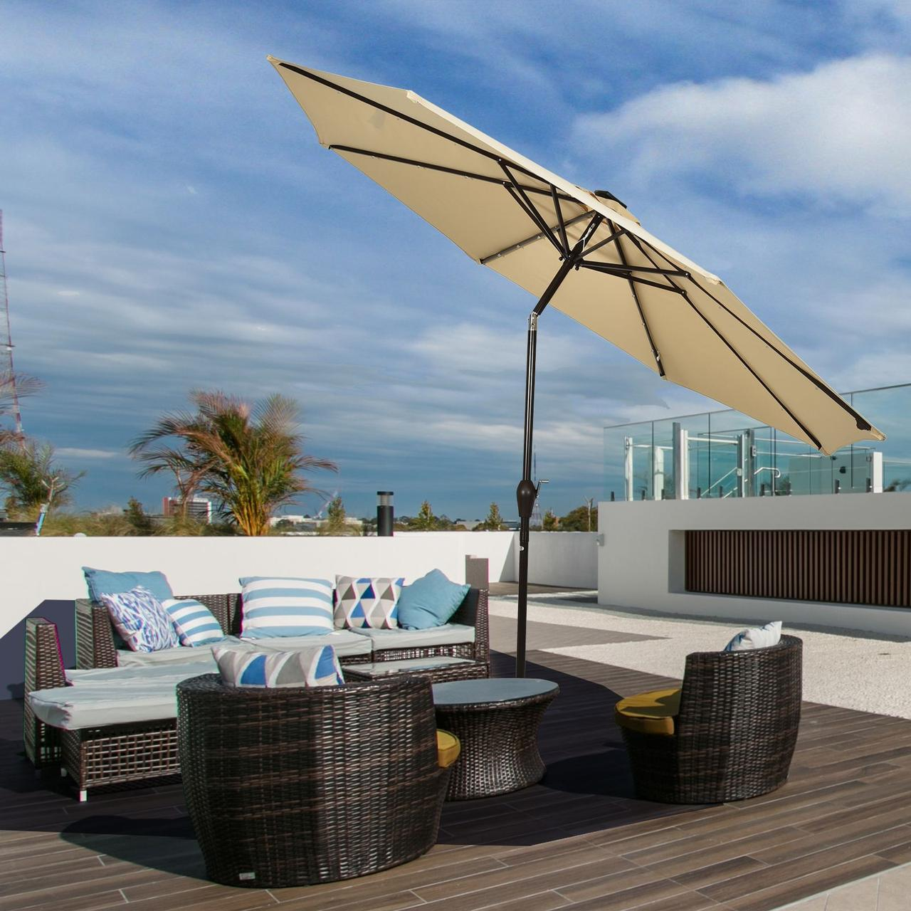 Садова парасолька кругла з регульованим кутом нахилу WCG з LED-підсвічуванням сонячною панеллю та чохлом 3 м Бежевий (W-7016BE1) - фото 5 Садова парасолька кругла з регульованим кутом нахилу WCG з LED-підсвічуванням сонячною панеллю та чохлом 3 м Бежевий (W-7016BE1) - фото 5