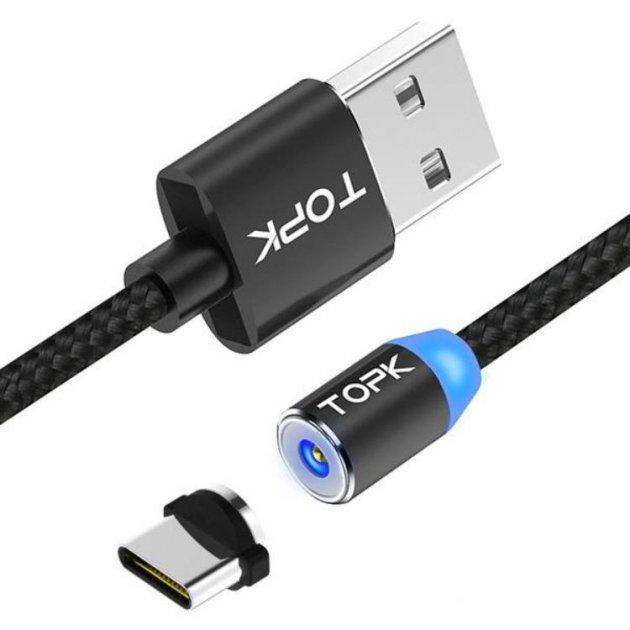 Кабель магнітний для заряджання Topk LED AM23 USB Type-C 2 м 2,4A Black (my015)