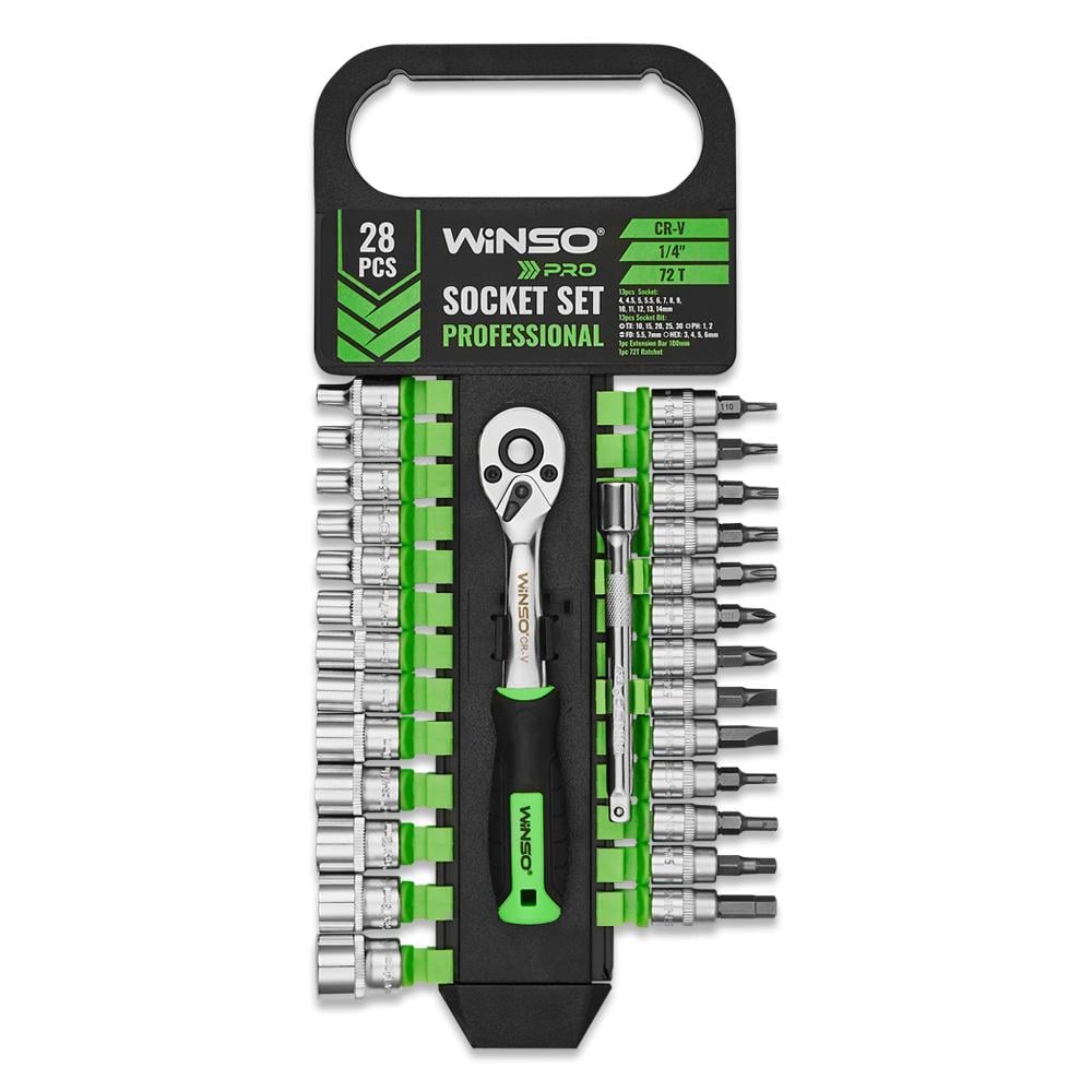 Профессиональный набор торцевых головок с трещоточкой и удлинителем Winso Pro CR-V 1/4" 72Т 28шт