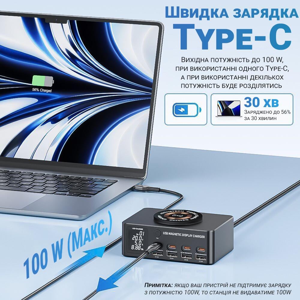 Док-станція зарядна Addap MCS-818DP/4 роз'єми Type-C PD 100 W/4 роз'єми USB QC3.0/бездротова панель 15 W - фото 8