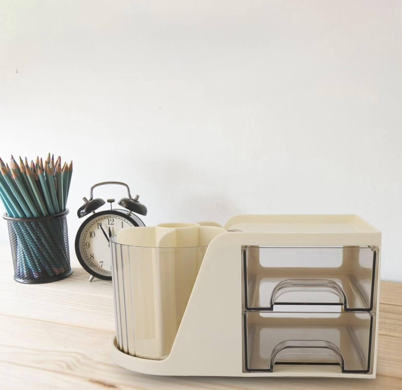 Органайзер для канцелярии с вращающимся стаканом на 6 отделений и выдвижными ящиками кремовый (5f2826fe) - фото 2