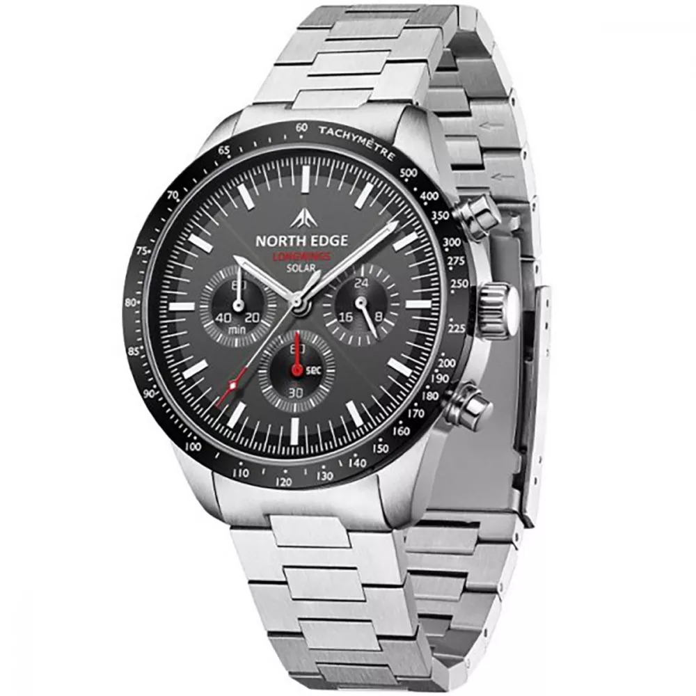 Годинник механічний North Edge Longwings кварцовий хронограф на сонячній батареї сталевий корпус 5ATM Чорний (632532)