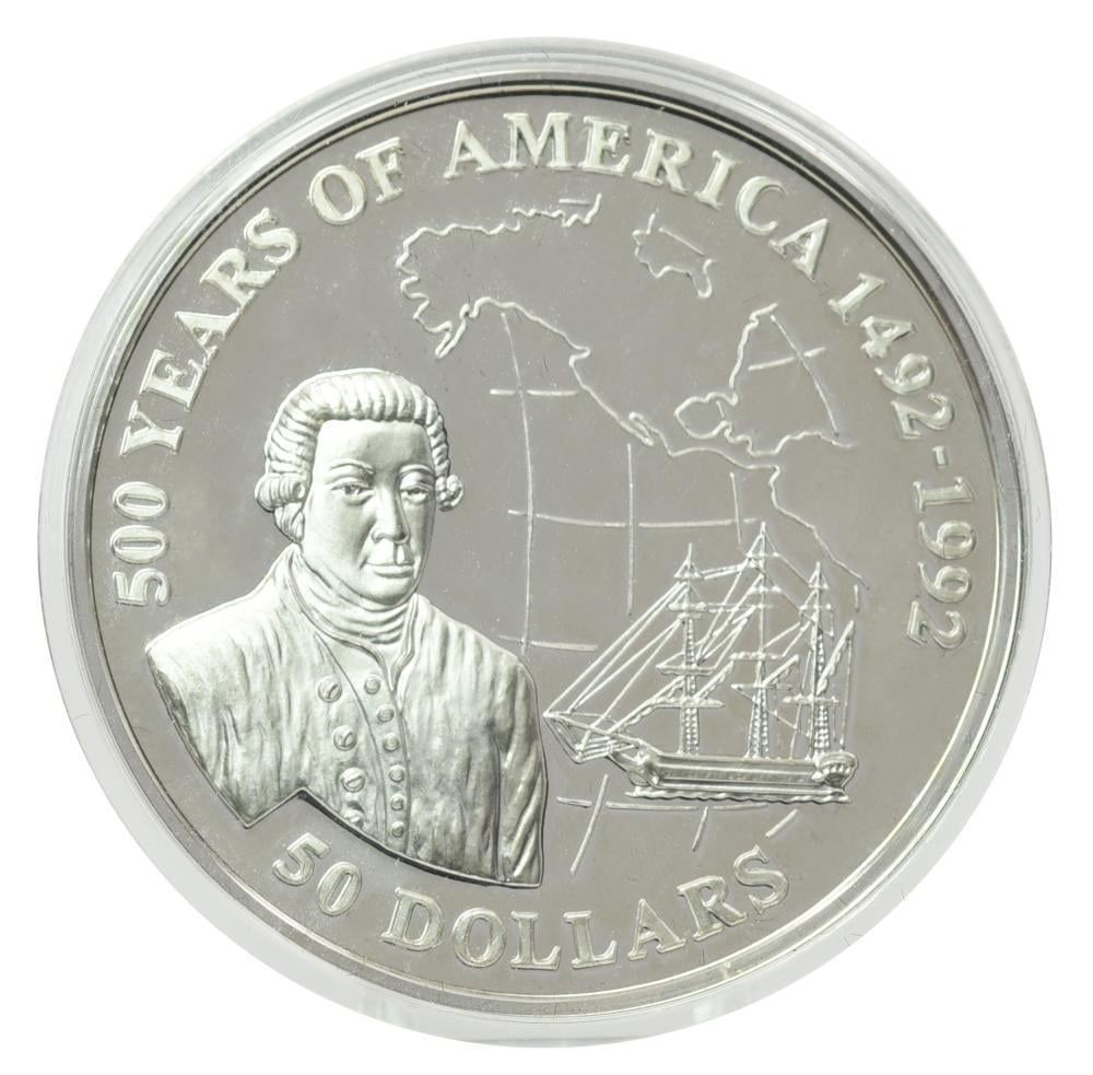 Коллекционная монета Острова Кука 50 долларов 1993 серебро Proof 500 лет Открытию Америки-Джордж Ванкувер (М22636)