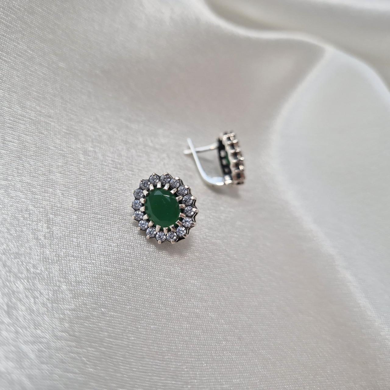 Сережки овал із великим зеленим каменем імітація хризопраз чорнене срібло 925 проби 5,10 г (2885) - фото 6