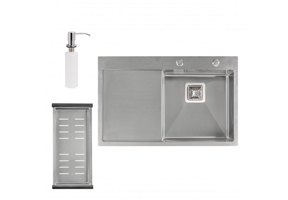 Набор 3 в 1 кухонная мойка Q-tap DK7850R 3/1,2 мм Satin с сушилкой и дозатором для моющего средства