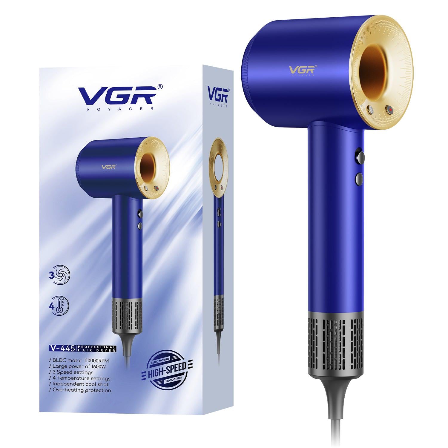 Фен VGR V-445 з BLDC-мотором 110 000 об/хв 1600 Вт 3 швидкості Синій (ML-06844)