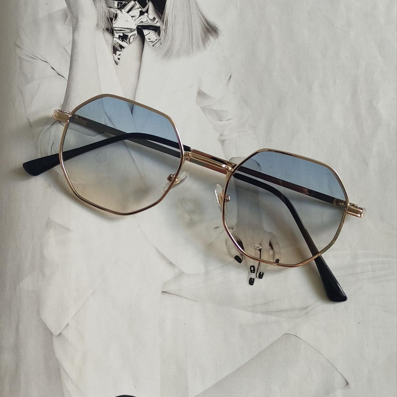 Солнцезащитные очки многоугольник Голубо-желтый/Золотой (7694)