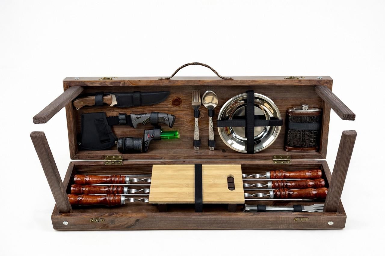 Набор для пикника GrillMaster Компакт кейс-стол-трансформер с топором/доской 36 пр. Коричневый (10-164-KS-7622)