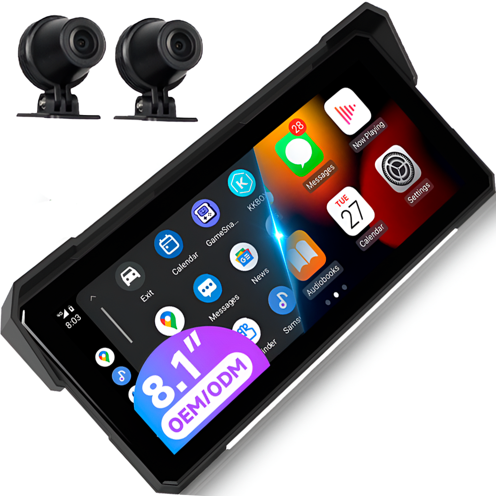 Видеорегистратор для мотоцикла Podofo A4029 с двумя камерами Bluetooth Wi-Fi Apple CarPlay/Android Auto и сенсорным монитором