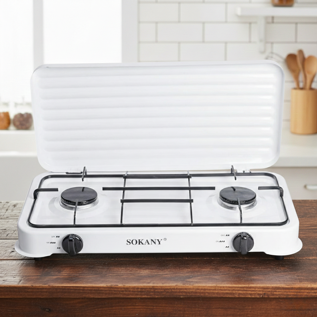 Настільна газова плита на 2 конфорки Sokany SK-6002 під балонний газ для дачі та будинку 4.4 кВт Білий (SK-6002W)