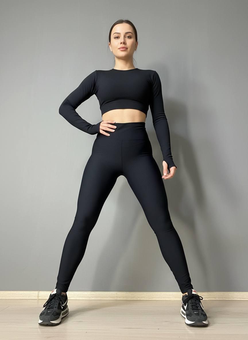 Лосины женские A-N 26001 в рубчик с широким поясом S Черный (6257)