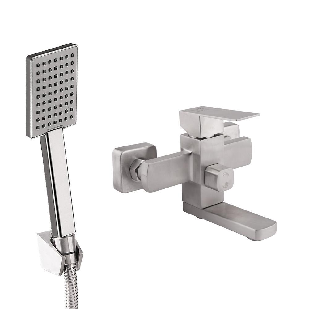 Смеситель для ванны Lidz Kubis 006 с поворотным изливом c душевым гарнитуром k35 Nickel (LDKUB006NKS28536)