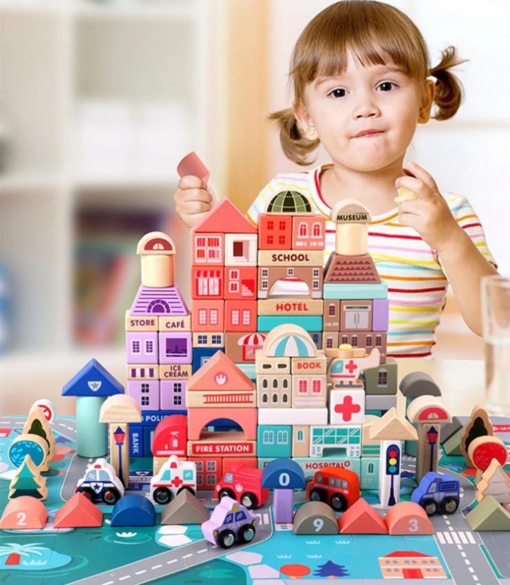 Конструктор деревянный Iso Trade City 115 деталей с ковриком-пазлом и транспортом (11228) - фото 10