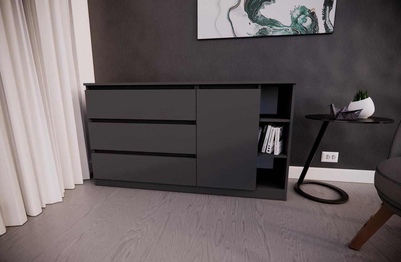 Комод MEBEX на 3 шухляди з боковими полицями 140х40х77 см Сірий темний (VERTO3B1400DG) - фото 1 Комод MEBEX на 3 шухляди з боковими полицями 140х40х77 см Сірий темний (VERTO3B1400DG) - фото 1