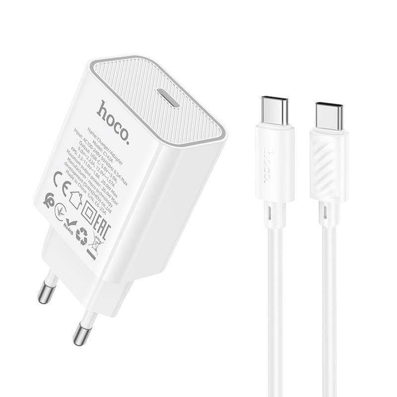 Зарядний пристрій мережевий Hoco C143A Benefit PD20W 1USB-C з кабелем Type-C to Type-C White (00000078639_1)