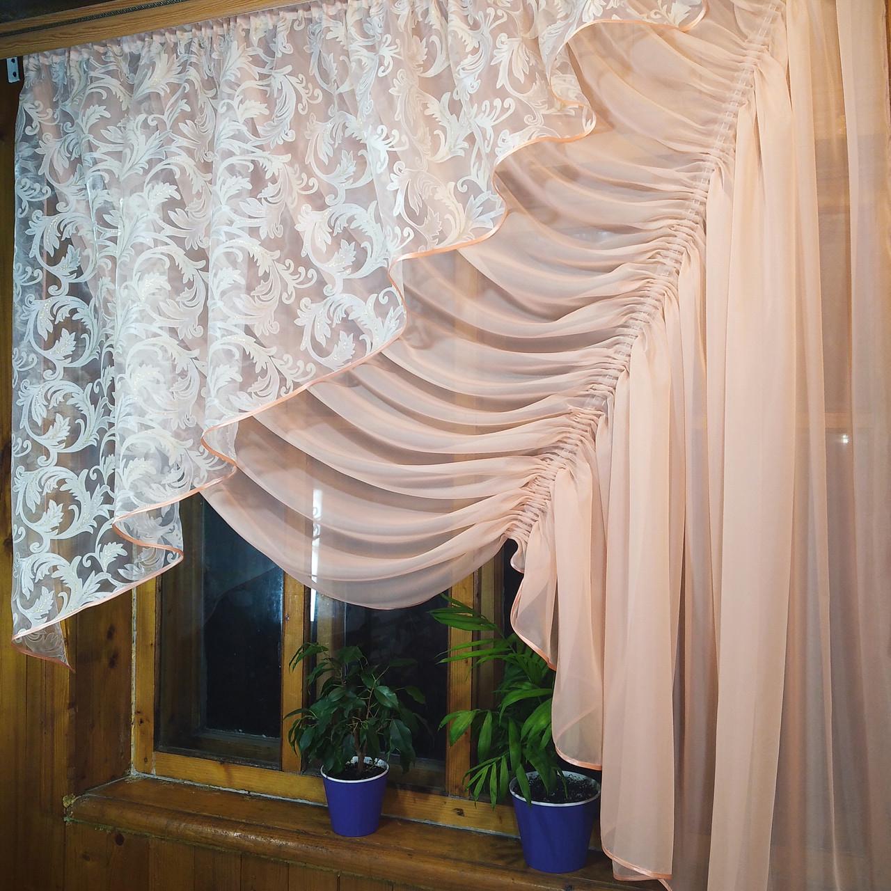 Фіранка готова коротка Камелія вензель права Персиковий/Кремовий - фото 2 Фіранка готова коротка Камелія вензель права Персиковий/Кремовий - фото 2