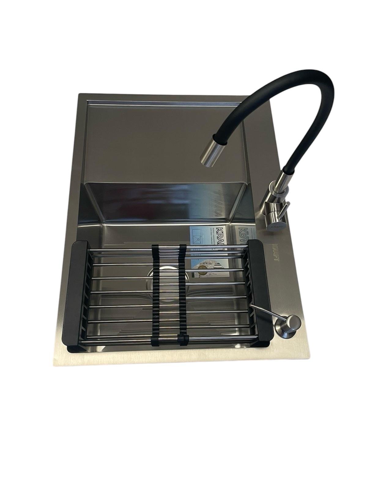 Мойка кухонная Kraft 6548 BRS правая и гибкий смеситель Kraft из нержавеющей стали Черный