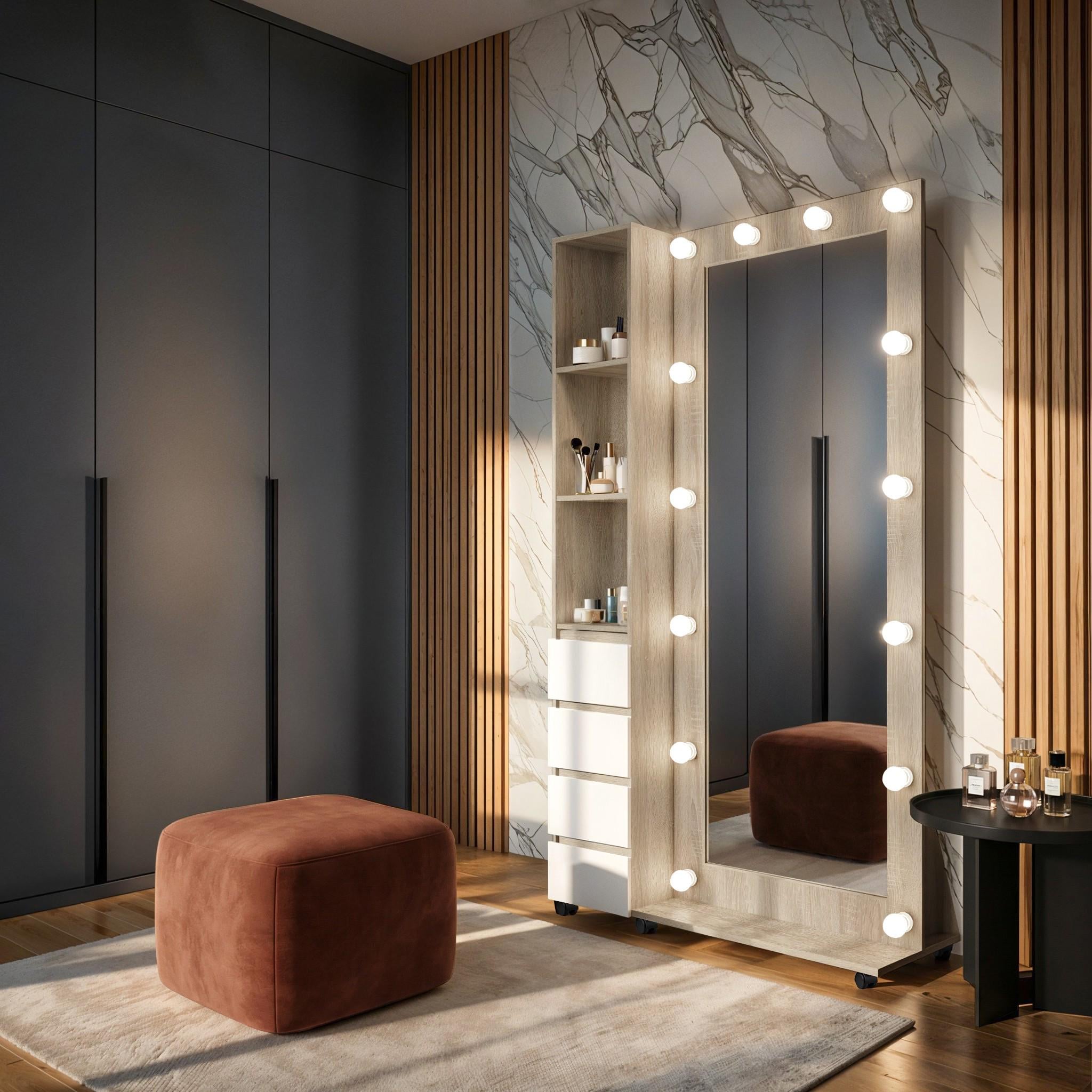 Напольное зеркало с лампочками NRP14 1100x350x1860 мм Дуб Сонома/Белый (31762630) Напольное зеркало с лампочками NRP14 1100x350x1860 мм Дуб Сонома/Белый (31762630)