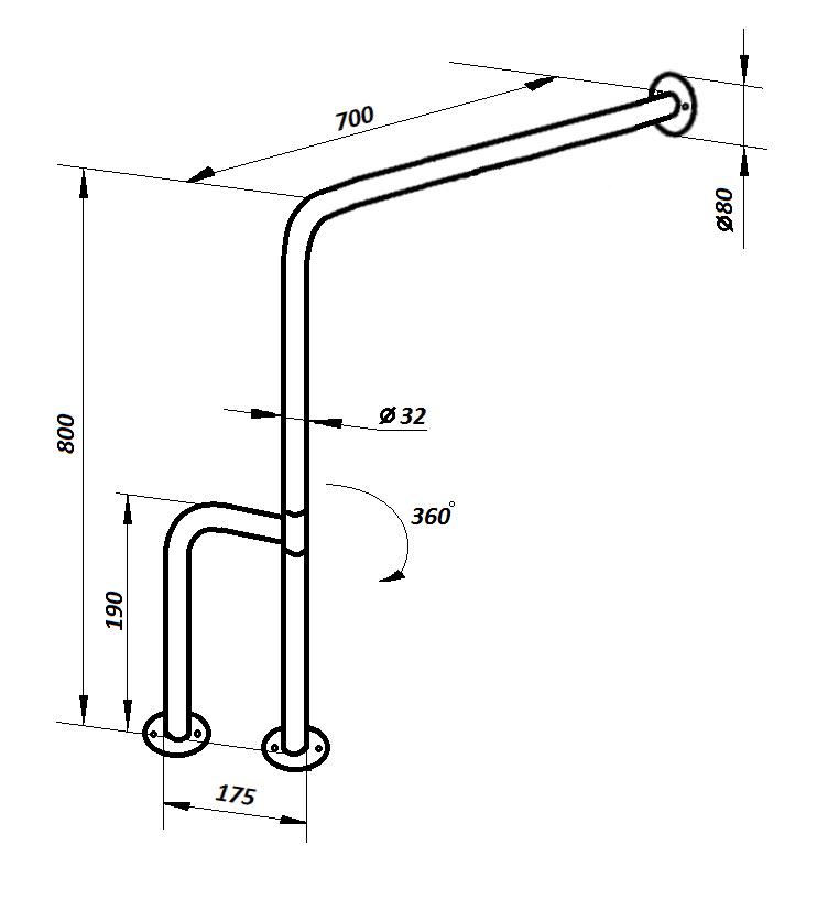 Поручень Г-образный усиленный напольный с поворотной ножкой 360° 32х700х800 мм (17832274) - фото 2