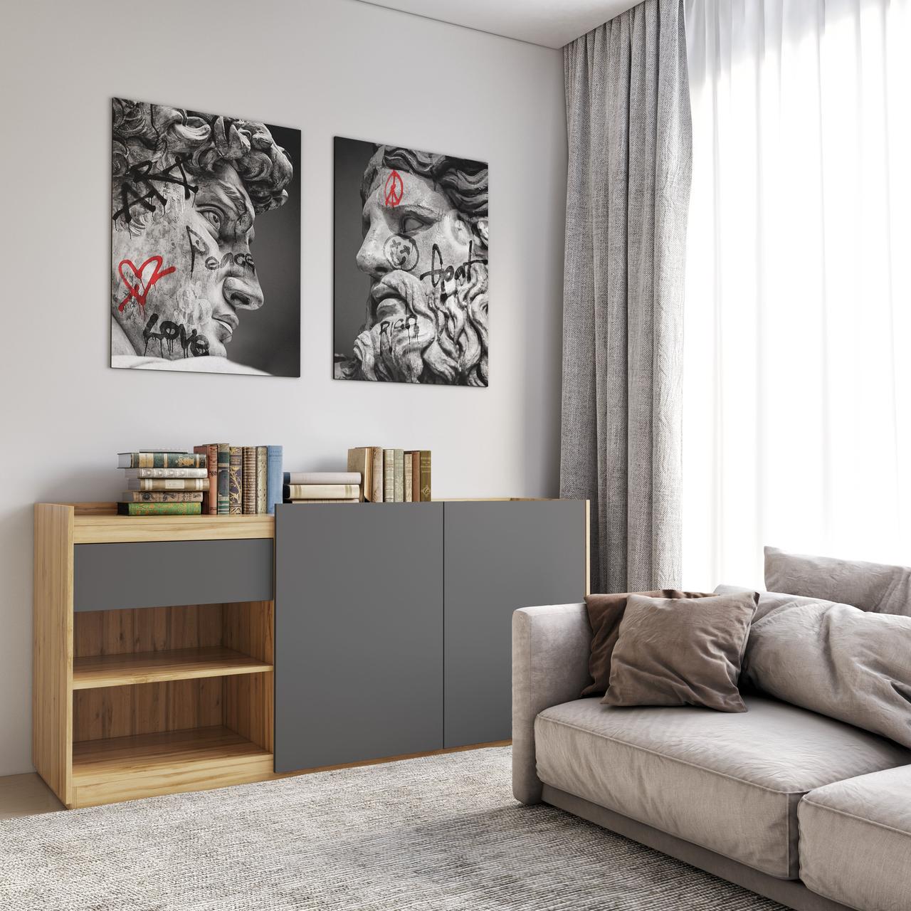 Комод без ручек с двумя дверцами, ящиком и полками Moreli RS-3 Дуб Аппалачи/Антрацит (RS-3-apalach-antracit)