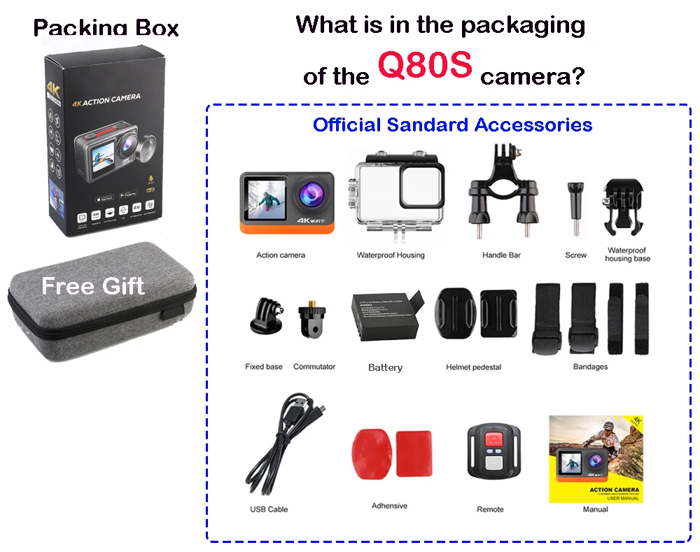 Экшн камера с двойным экраном и сенсором 4К 60fps с картой 64 Гб и кейсом (1928667018) - фото 2