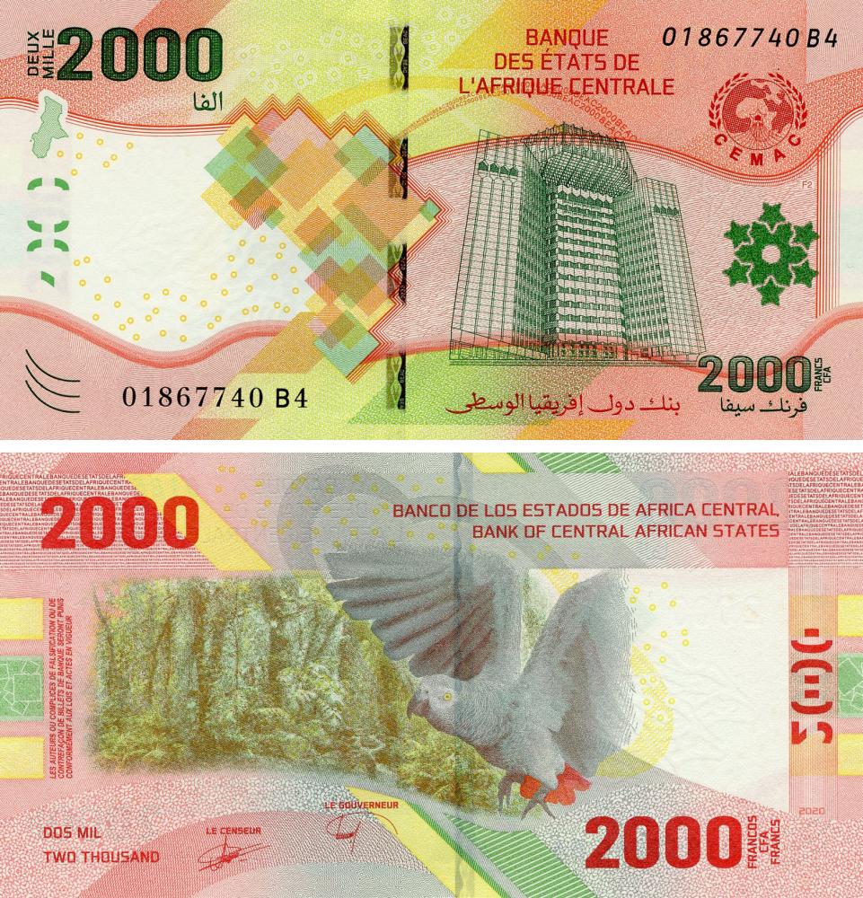 Коллекционная банкнота Центральная Африка 2000 франков 2022 UNC Попугай Pnew (Б18288)