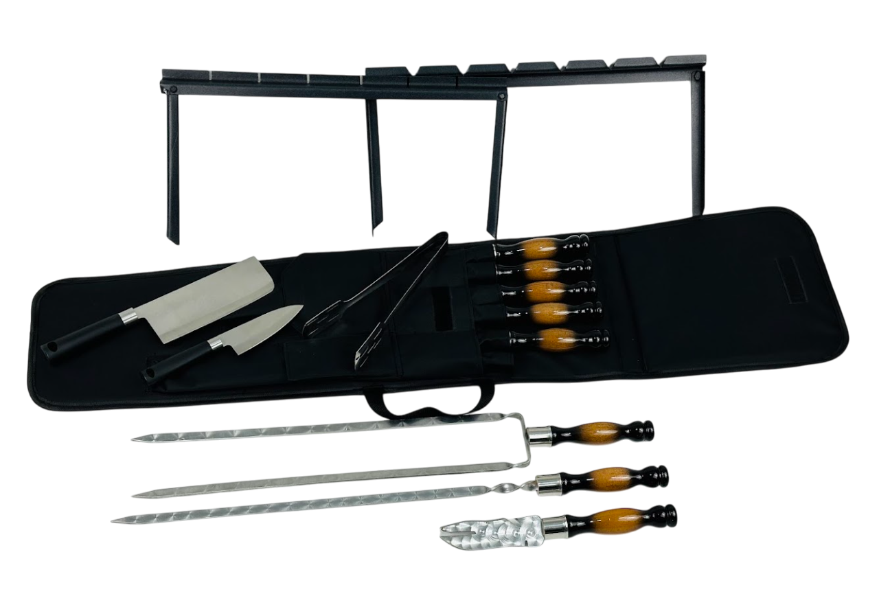 Подарочный набор шампуров и аксессуаров Приклад для пикника 12 предметов из нержавеющей стали в чехле Черный 75х24х5 см (124-10-NB-2232)