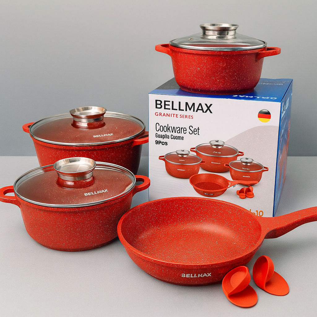 Набір кухонного посуду Bellmax BM-120 з литого алюмінію з гранітним антипригарним покриттям 9 пр. Червоний (54151467)