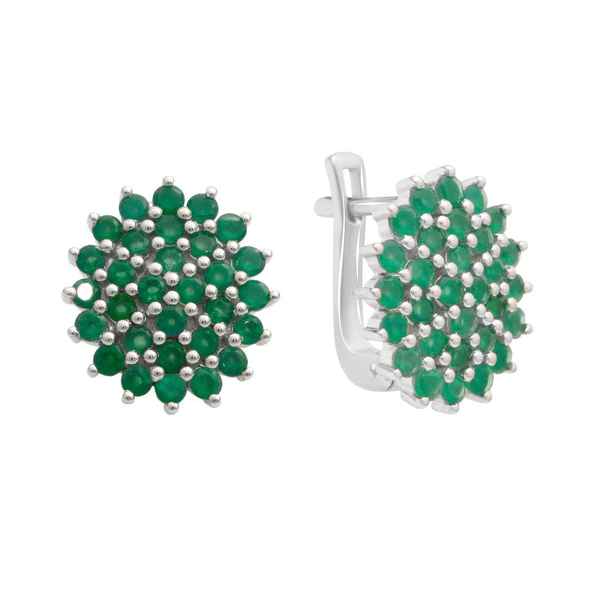 Серьги серебряные с круглой формой и вставками натурального зеленого агата Серьги серебряные с круглой формой и вставками натурального зеленого агата