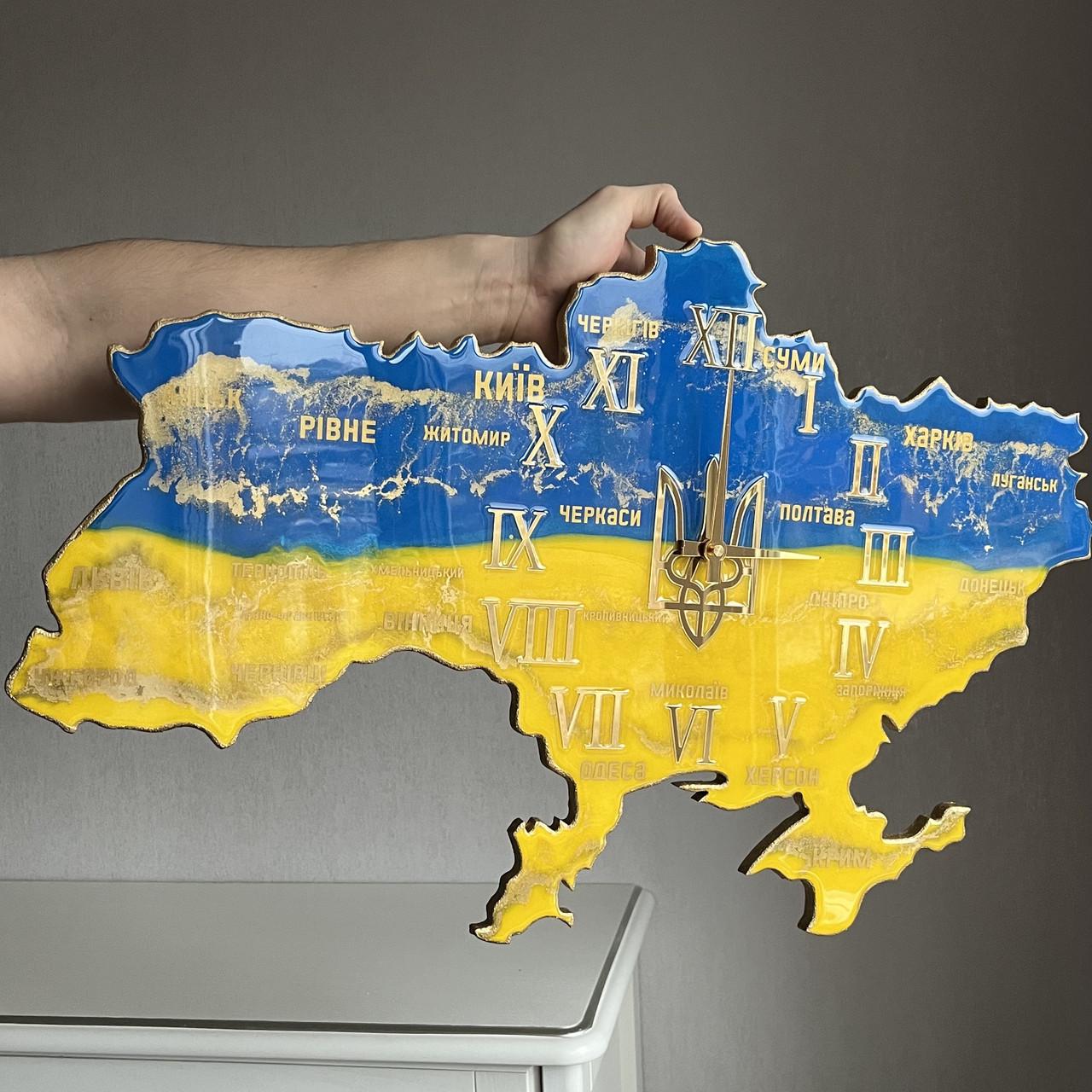 Часы настенные из эпоксидной смолы Карта Украины 50х32 см