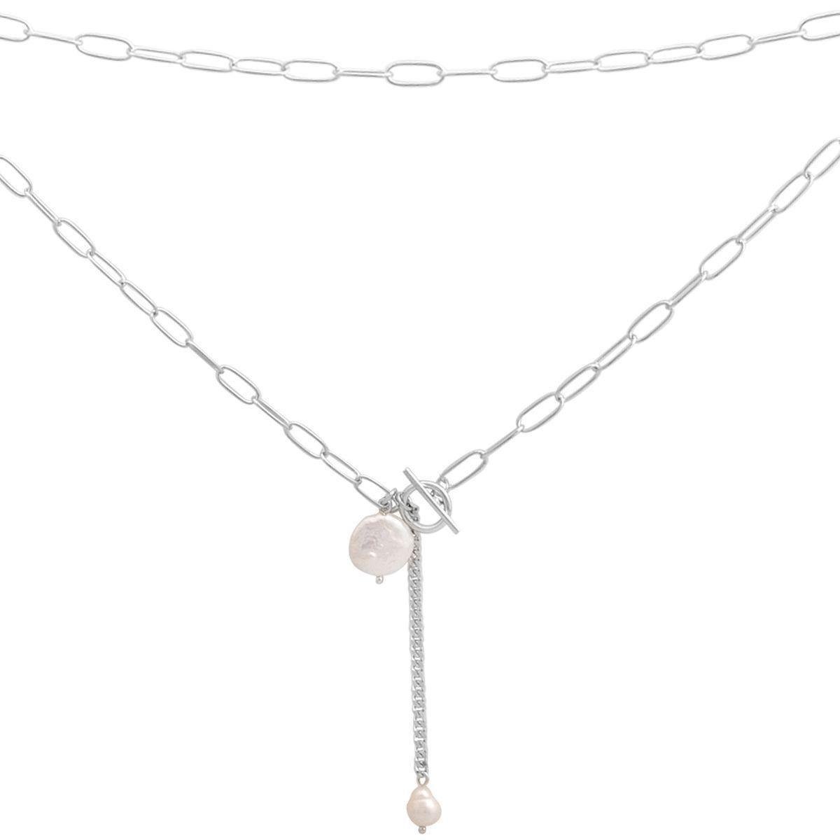 Колье серебряное с натуральными жемчугами и удлиненными звеньями 45 см