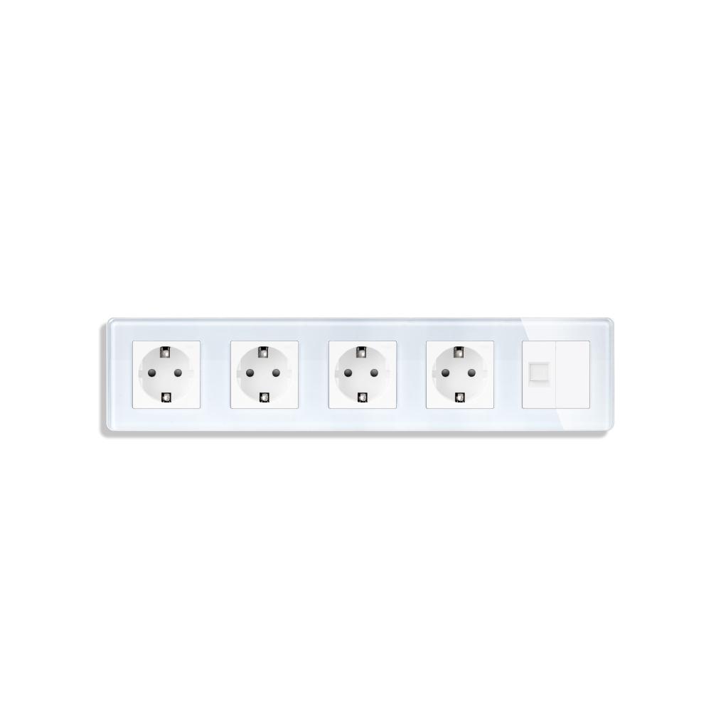 Розетка пятиместная ELIOS силовая/интернет RJ-45 настенная стеклянная рамка Белый (TW-M5FCAT6BLK-WT)