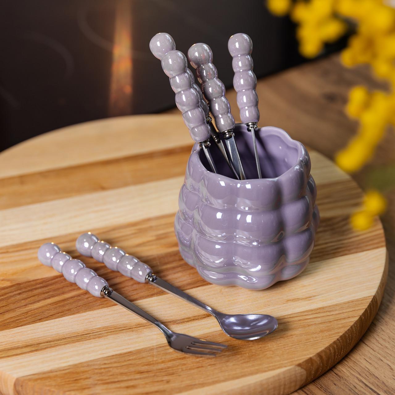 Набір десертних виделок та ложок на 3 персони з підставкою з кераміки 7 предметів Фіолетовий - фото 5 Набір десертних виделок та ложок на 3 персони з підставкою з кераміки 7 предметів Фіолетовий - фото 5