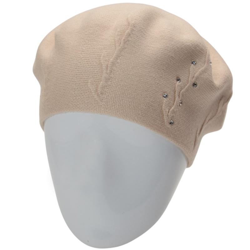 Берет женский Novita Ветка двойной с аккуратным узором сбоку и стразами one size Светлый-лен (281858)