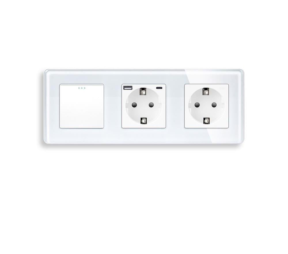Выключатель проходной универсальный ELIOS с розеткой USB A+C 20Вт с заземлением/защитными шторками стекло Белый