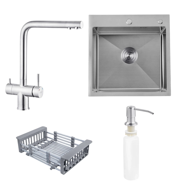 Комплект кухонная мойка Kroner KRP Gebürstet-5050HM 4в1 с дозатором/корзинкой/смесителем Kroner под фильтр