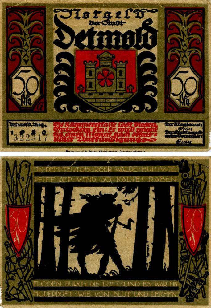 Коллекционная банкнота Германия Нотгельд 50 пфеннигов 1920 F-VF Детмольд Разновидность 1 (Б18673)