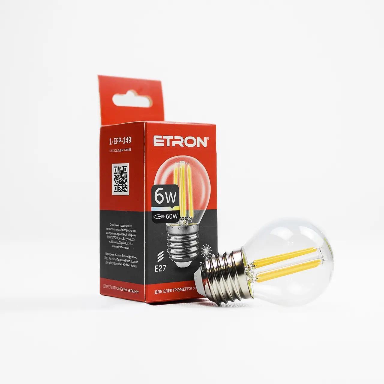 LED-лампа філаментна ETRON прозора 6W G45 E27 3000K Теплий білий (1-EFP-149)