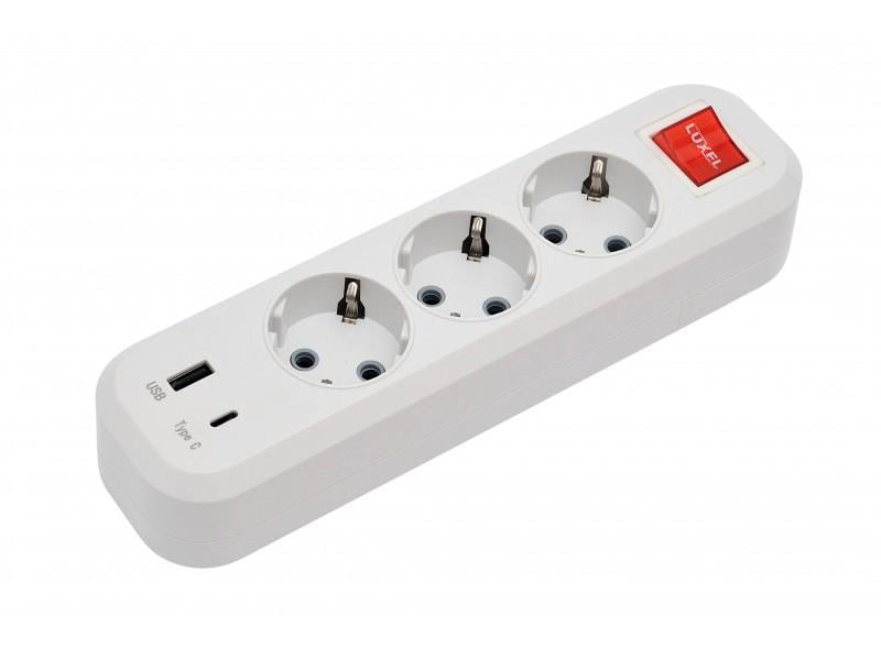 Колодка для удлинителя Luxel BENEFICE USB+TYPE C на 3 гнезда с заземлением и выключателем