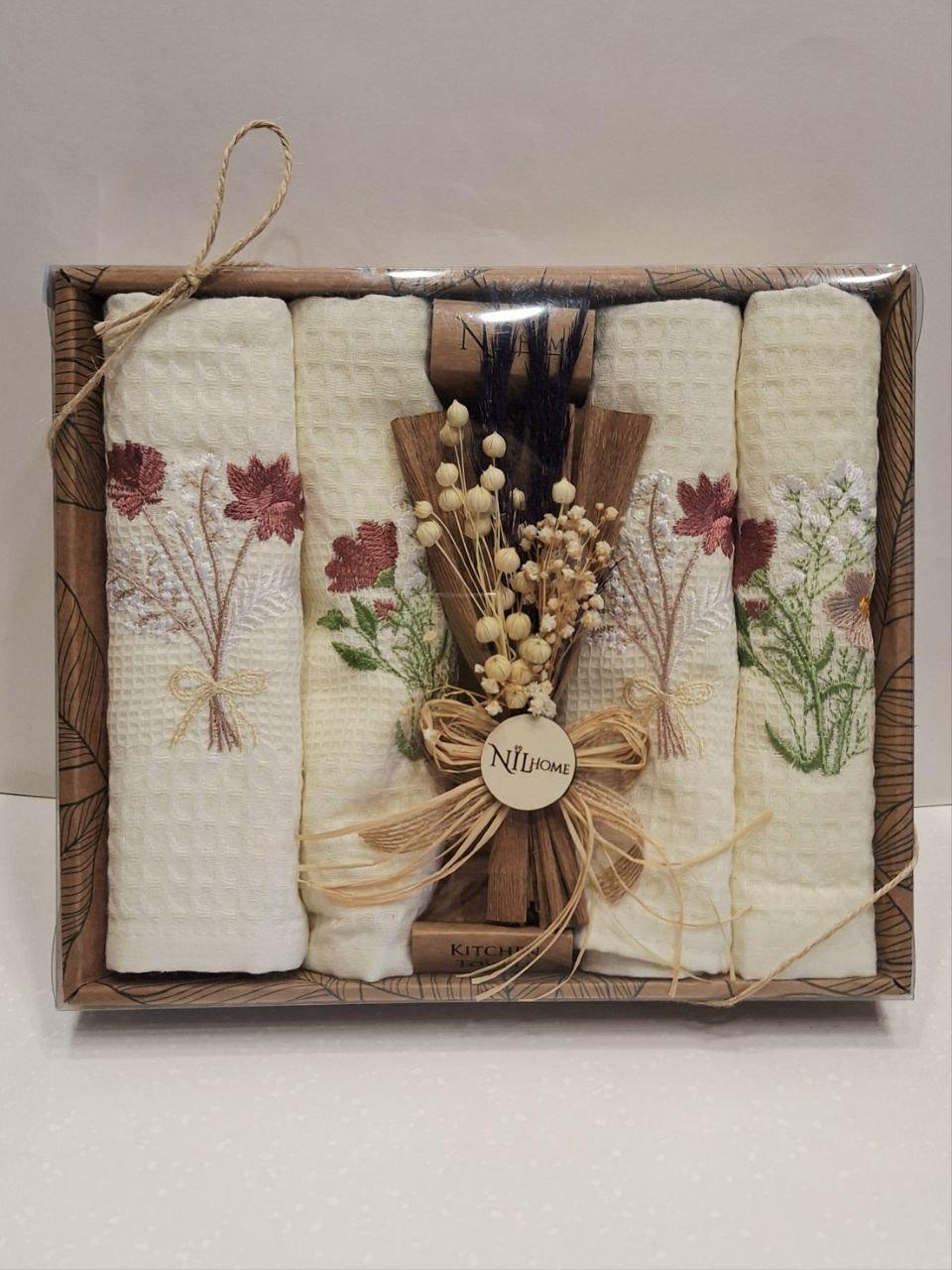 Набір вафельних рушників для кухні Mini Bouquet 40х60 см 4 шт. Кремовий (2418)