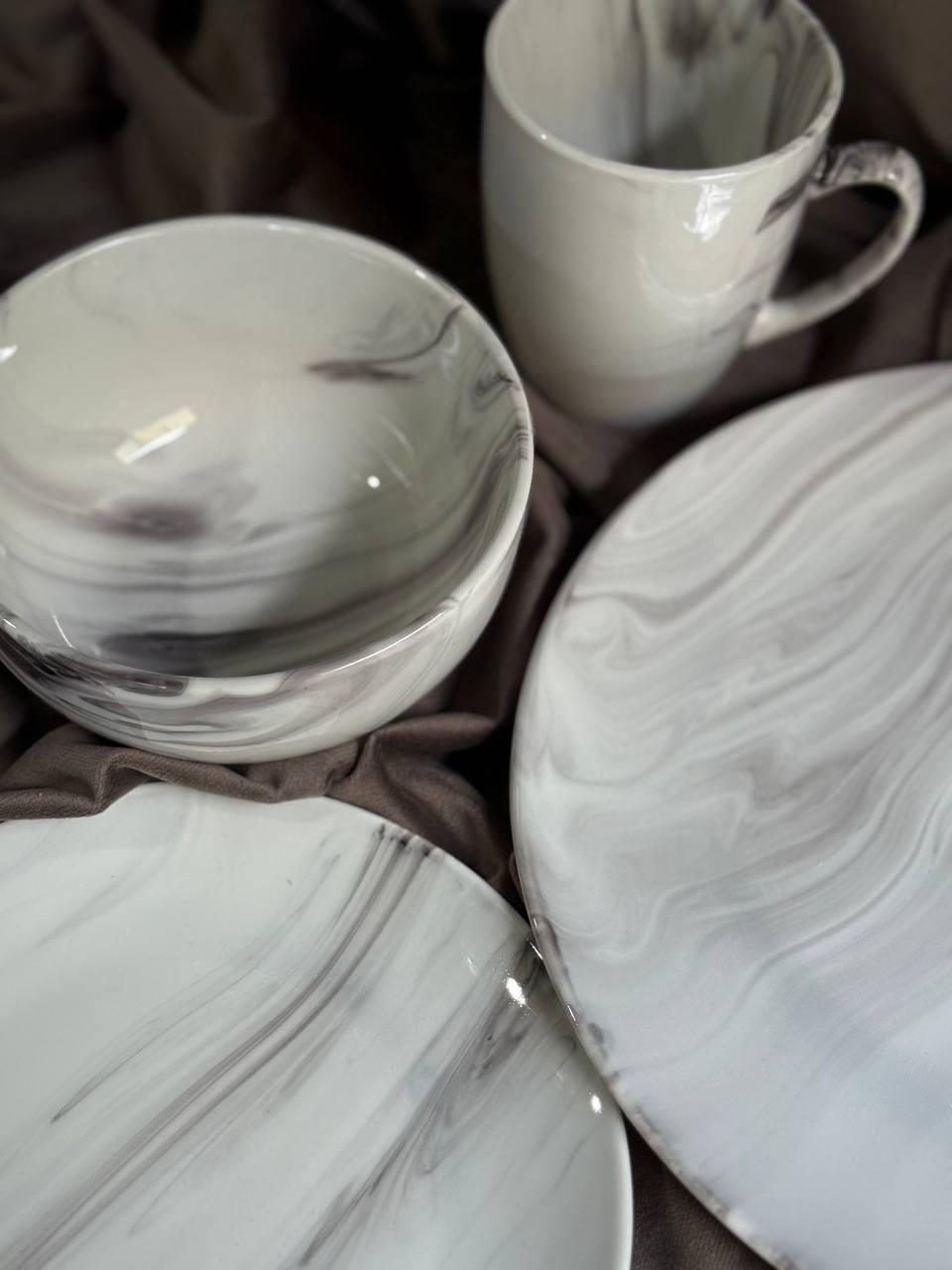 Столовый сервиз YIWU Marmor из фарфора 24 предмета на 6 персон Белый с серым MD-24-2G (30111415) - фото 4
