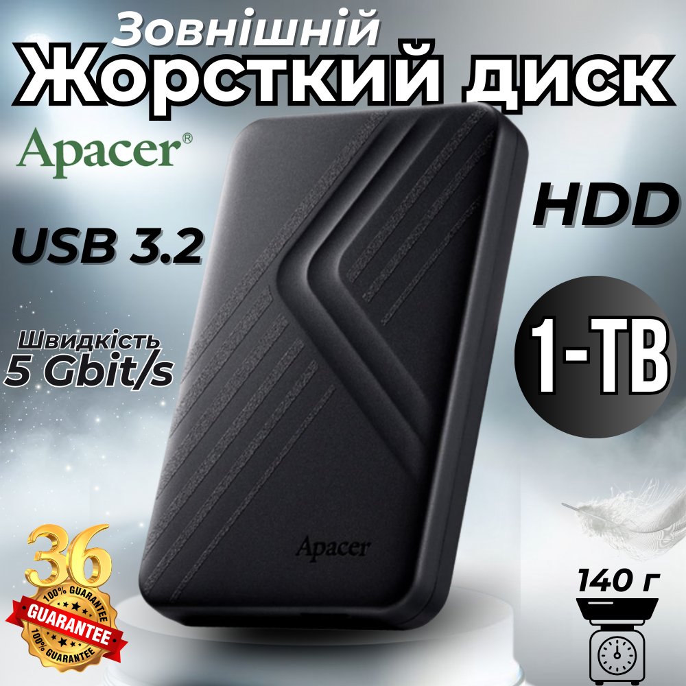 Жесткий диск внешний Apacer USB 3.1 портативный 1 тб Черный (AC236-1ТБ) - фото 2