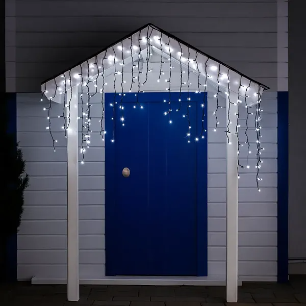 Гирлянда бахрома уличная 200 LED 12 м от сети черная нить Белый