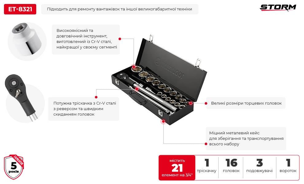 Набор инструментов Intertool ET-8321 Cr-V 3/4" 21 ед. (10146372) - фото 11