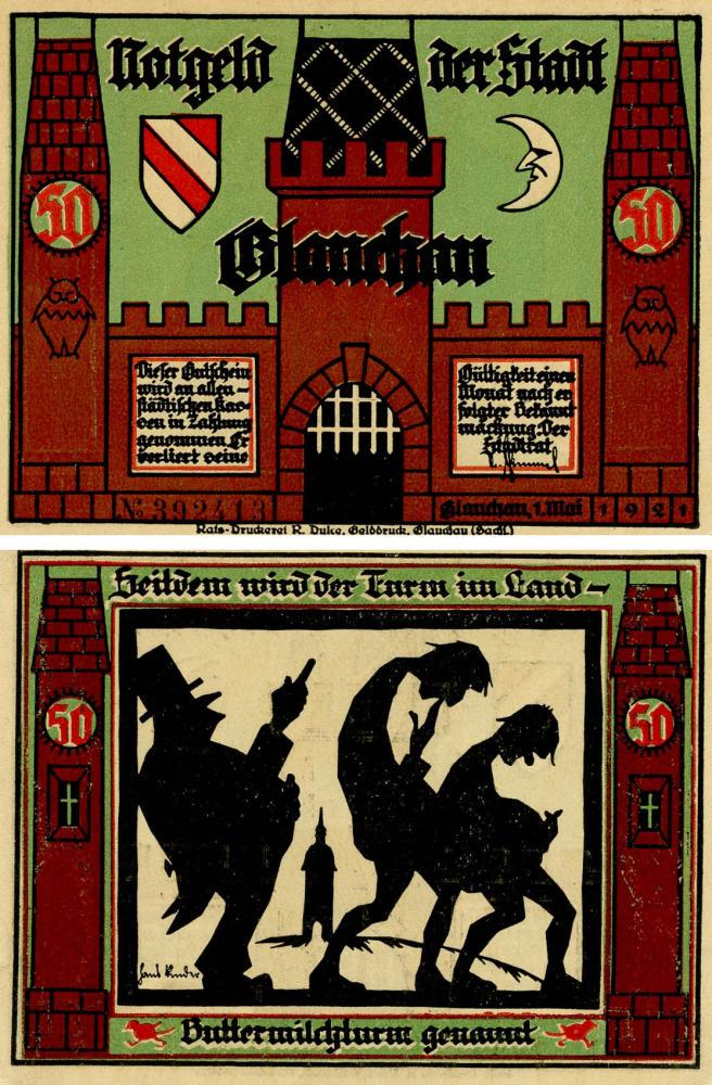 Коллекционная банкнота Германия Нотгельд 50 пфеннигов 1921 F-VF Глаухау Разновидность 3 (Б18823)