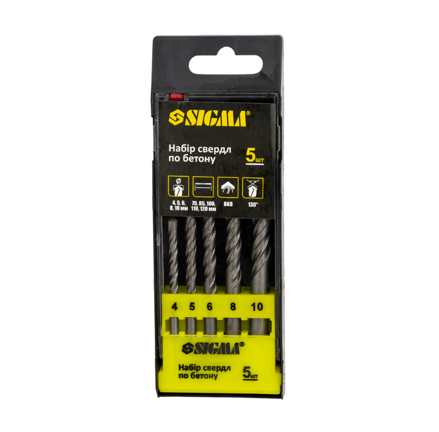 Набор сверл по бетону Sigma 4/5/6/8/10 мм в пластиковом кейсе (1719691)